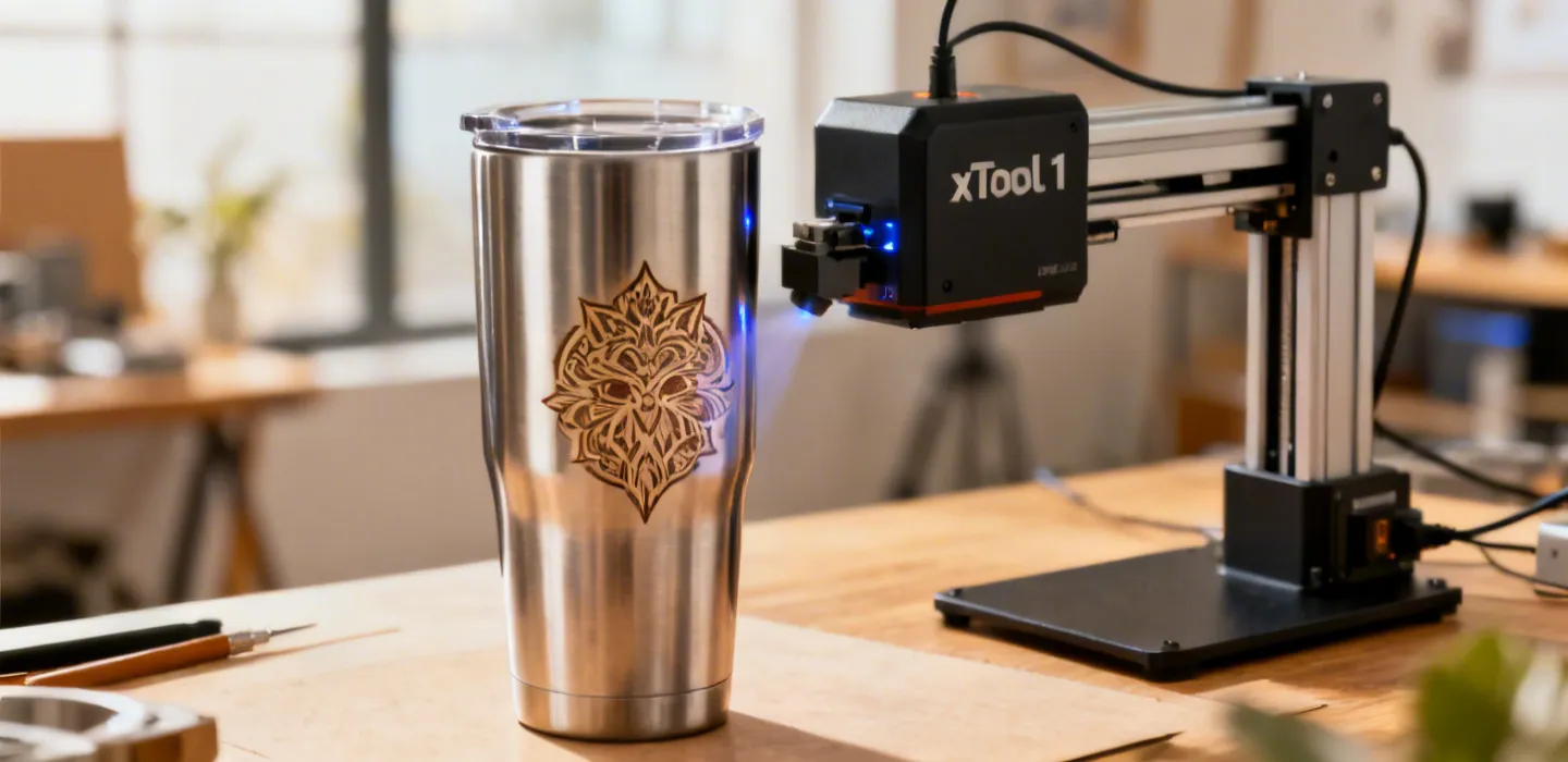xTool F1 portable dual-laser engraver creating precision engravings in a creative workspace