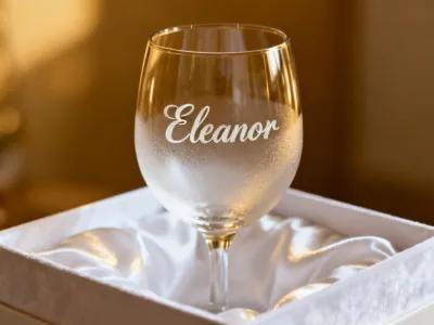 Glass wine glass with frosted laser etching